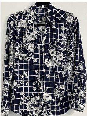 Express Portofino Navy Floral Grid Button Down Blouse